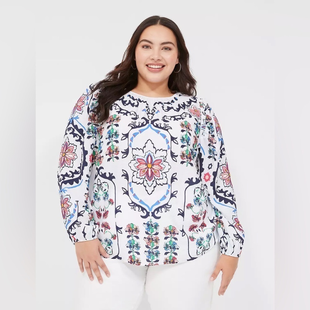 Lane Bryant Women's Floral Peasant Blouse Size 18 Long Sleeve V-Neck Casual